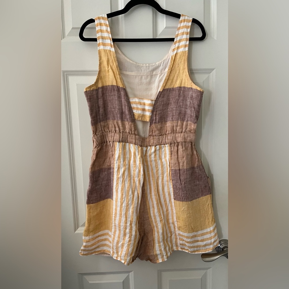 Anthropologie ettitwa linen Sleeveless romper neutral tan gold cream pockets 14 - Picture 3 of 7